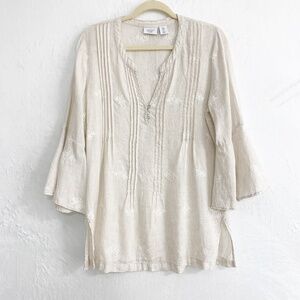 Antibes Blanc 100% Linen Embroidered Bell Sleeve Tunic Top Sz S